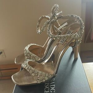 Badgley Mischka Gold Stiletto Heels with Crystal Embellishments